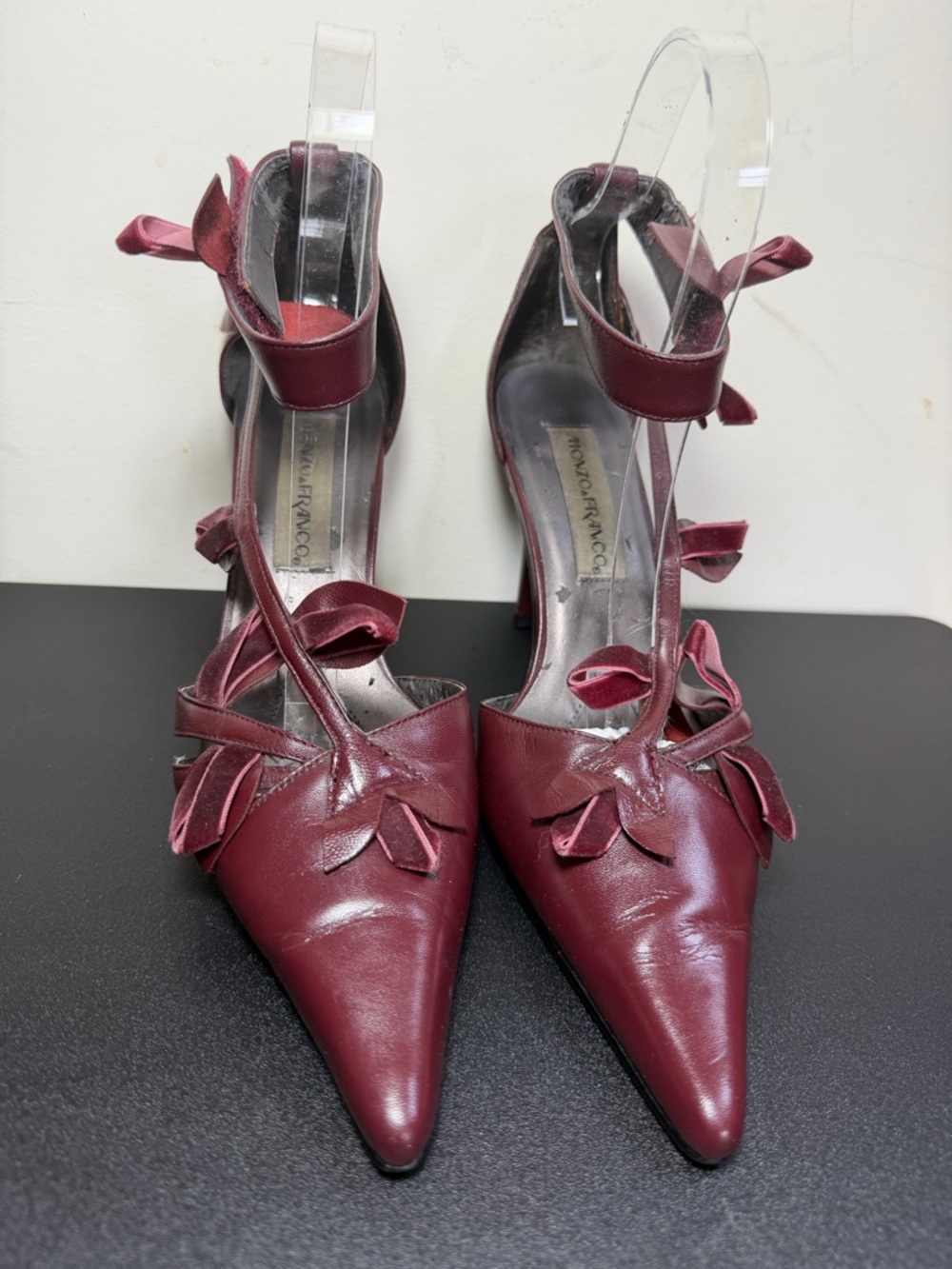 Pointed Burgundy Leather Bow Accent Heels